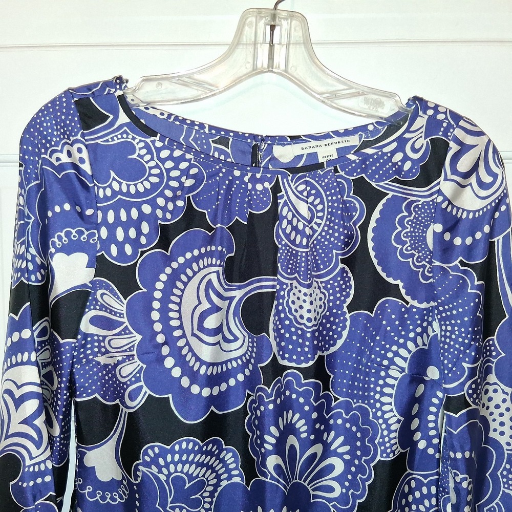 Banana Republic Women 100% Silk Long Sleeve Floral Purple White Black Dress 0P - Picture 6 of 16